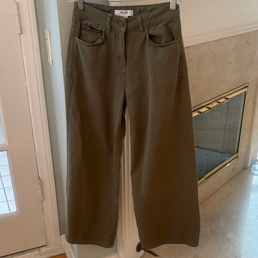 Reiss Olive-Green Wide Leg Cropped Jeans